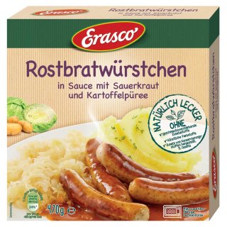 Erasco Bratwürstchen in Sauce mit Sauerkraut und Kartoffelpüree
